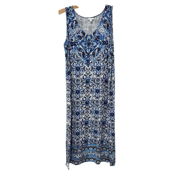 J. Jill | Dress Maxi Sleeveless Floral Stretch Blue- Size Medium Petite - Picture 1 of 8